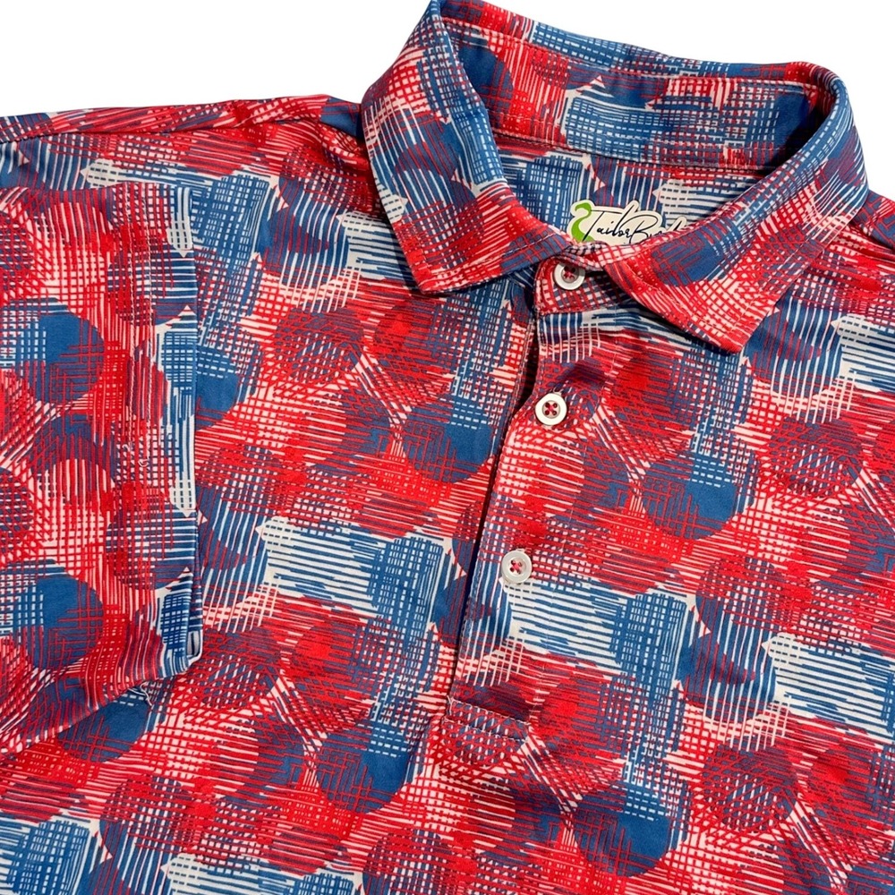 TailorByrd Mens Golf Polo Shirt Red Blue White Geometric Abstract Print Size M